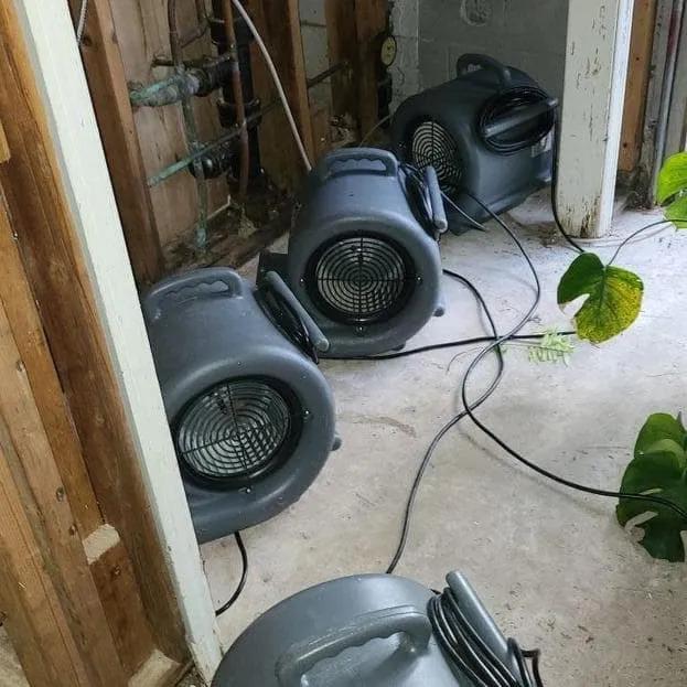 Several air movers drying an opened basement